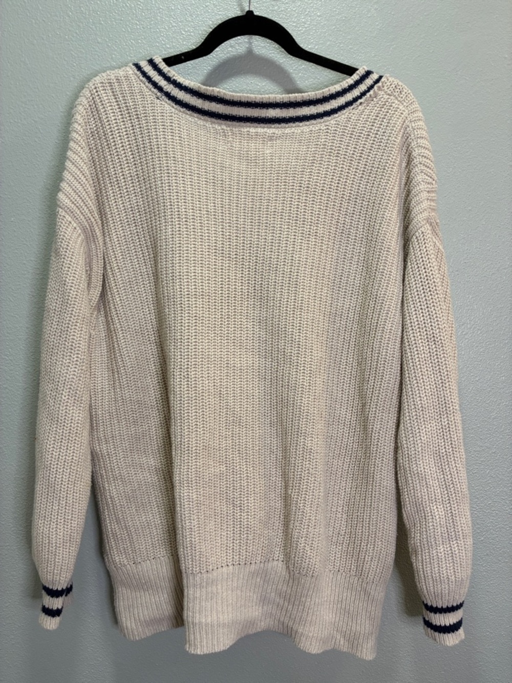 Lucky Brand Chunky Knit Cardigan Cream Navy Stripe Cozy Grandpa Preppy Women’s M - Picture 5 of 5